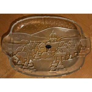 Vintage Crystal Clear Studios Glass Serving‎ Platter Winter Village Scene